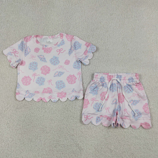 Baby Girls Kids Short Sleeves Shell Bows Shirt Scallop Shorts Set Clothes