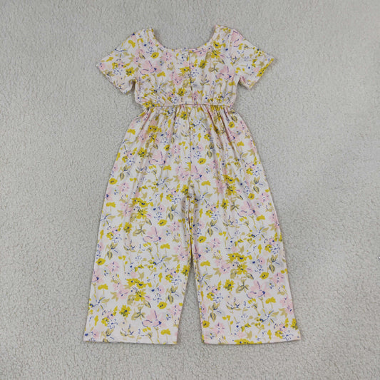 Baby Girls Kids Short Sleeves Flower Pants Jumpsuit Yellow Clothes