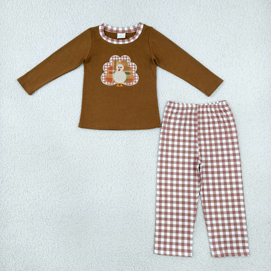 Baby Boy Kids Embroidery turkey Shirt Plaid Pants Thanksgiving Fall Set Clothes