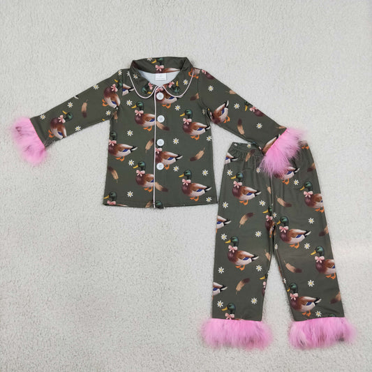 Baby Girls Kids Ducks Bows Flower Buttons Shirt Pink Fur Pants Pajamas Set Clothes