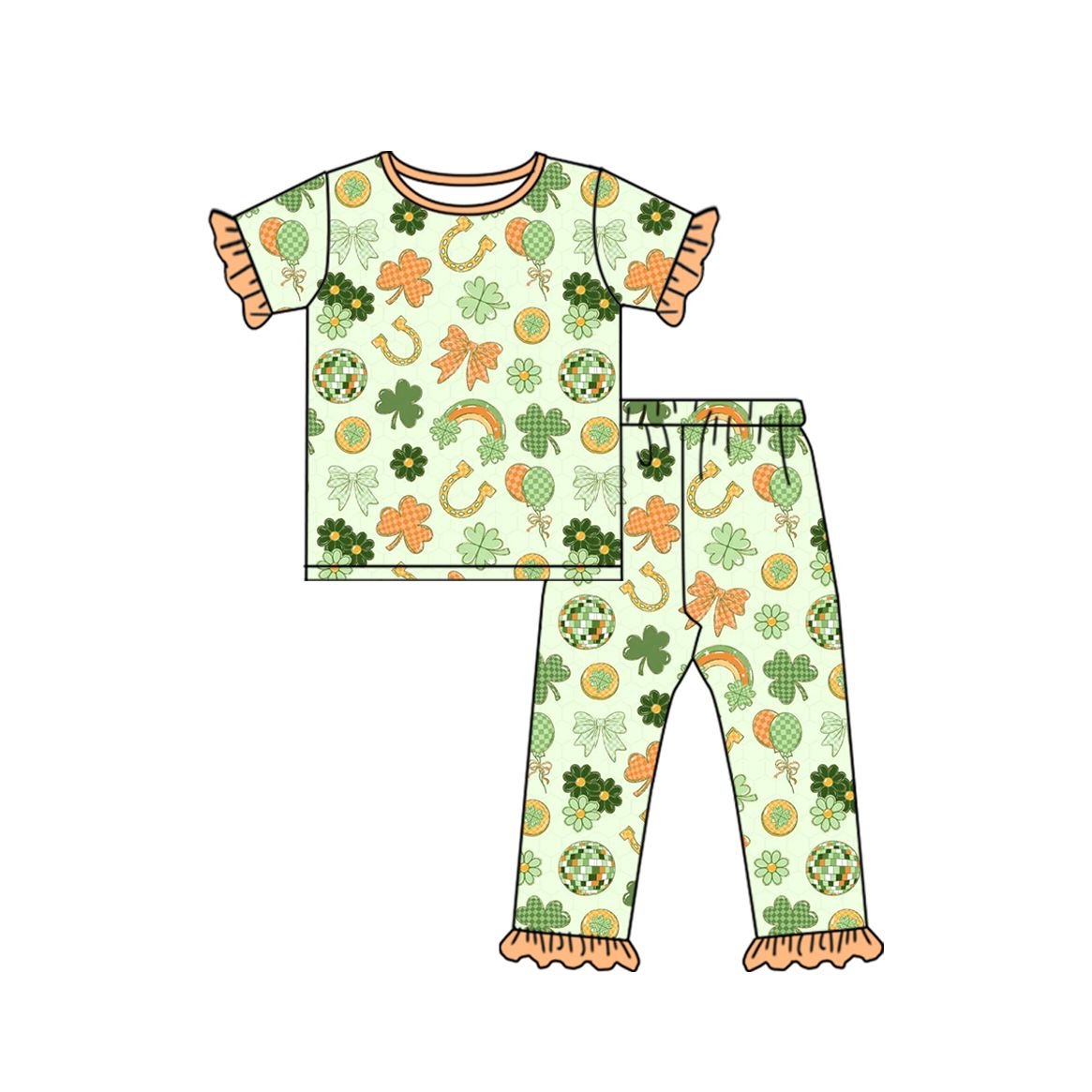 Moq 5 Preorder Baby Girls Kids Clovers Bows Shirt Pants St Patrick Set Pajamas Clothes