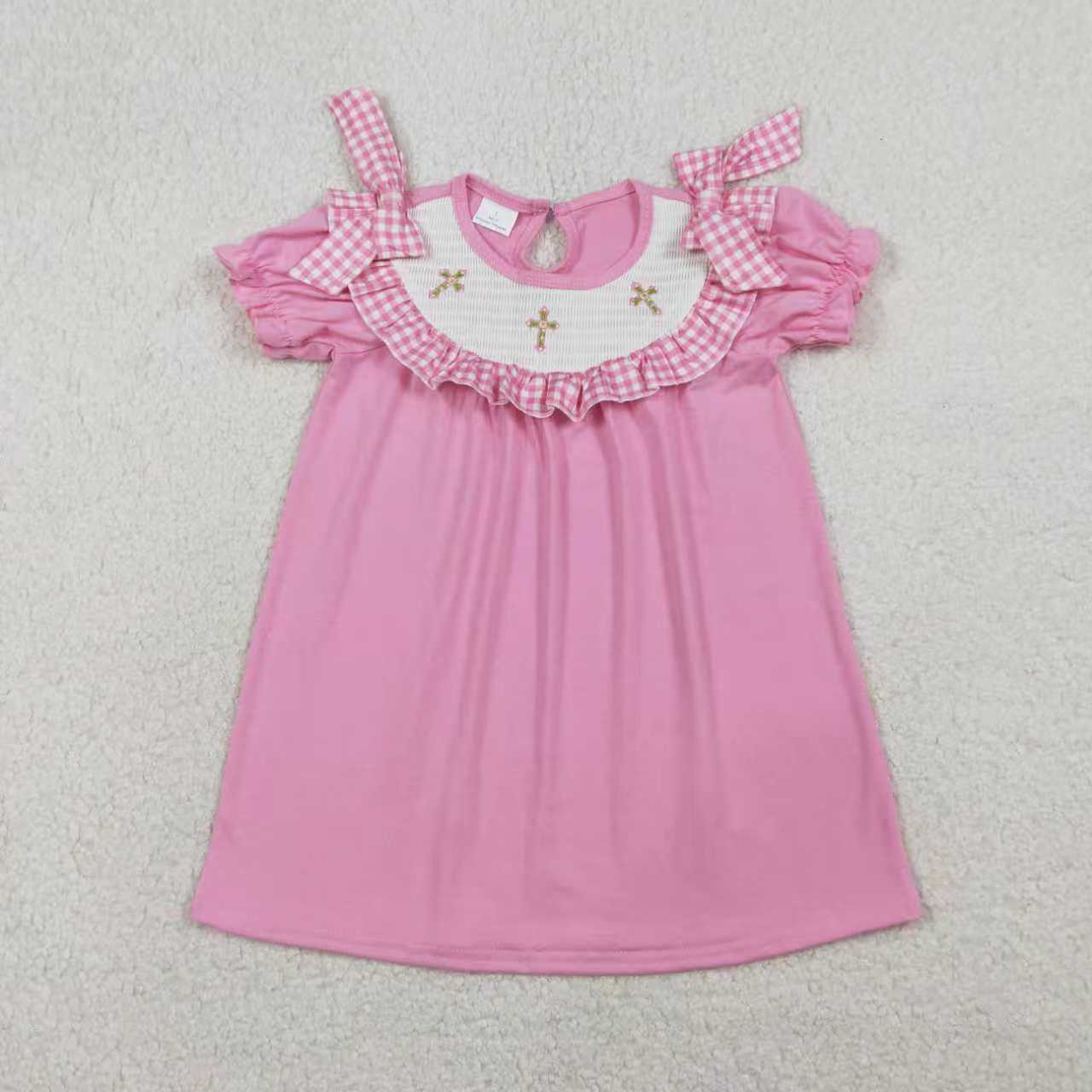 RTS Sibling Baby Girls Short Sleeves Embroidery Smocked Floral Crosses Easter Pink Romper Dress