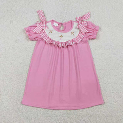 RTS Sibling Baby Girls Short Sleeves Embroidery Smocked Floral Crosses Easter Pink Romper Dress