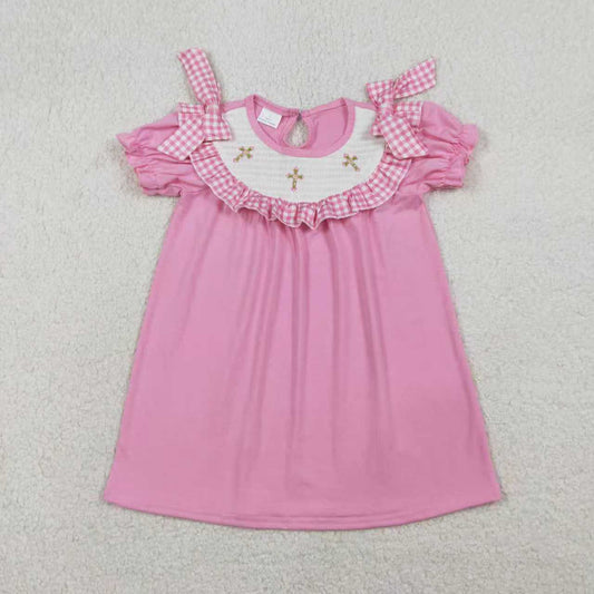 RTS Sibling Baby Girls Short Sleeves Embroidery Smocked Floral Crosses Easter Pink Romper Dress