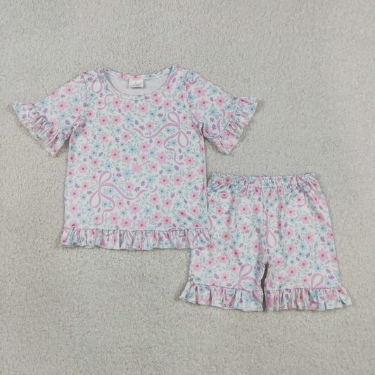 Baby Girls Kids Short Sleeves Bows Flower Shirt Shorts Summer Clothes Set