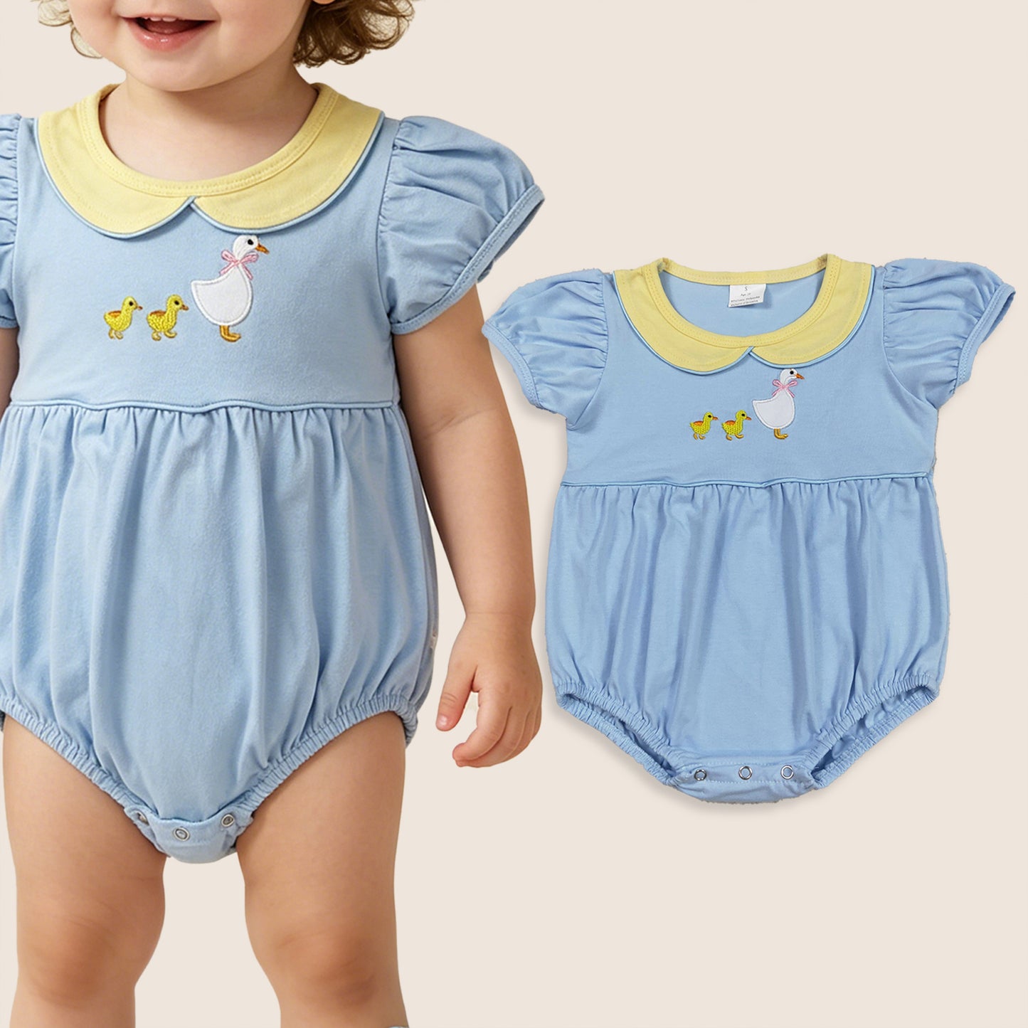 Baby Girls Infant Short Sleeves Embroidery Goose Bubble Romper