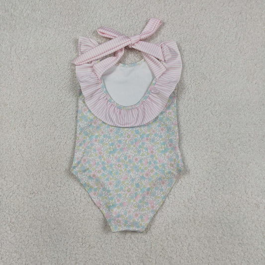 Baby Girls Kids Stripes Bows Floral Summer One-piece Swimsuit