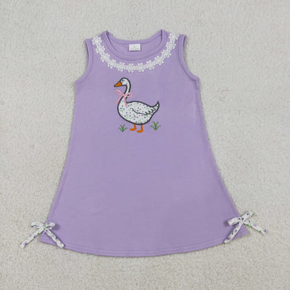 RTS Sibling Baby Girls Sleeveless Embroidery Floral Duck Bows Purple Dress Sets Clothes