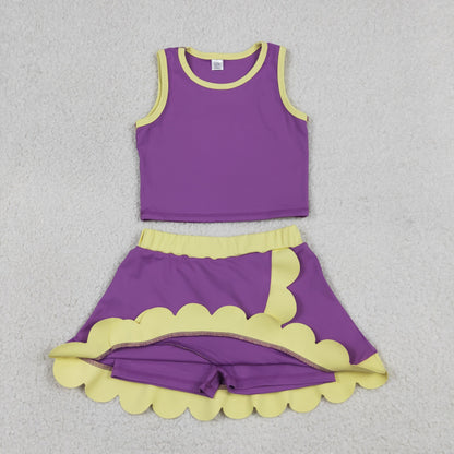Baby Girls Kids Purple Tops Scallop Skirt Shorts Yoga Active Set Summer Clothes