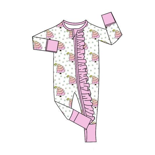 Moq 5 Preorder Baby Girls Kids Christmas Tree Pink Ruffle Zipper Sleeper Footie Romper Clothes