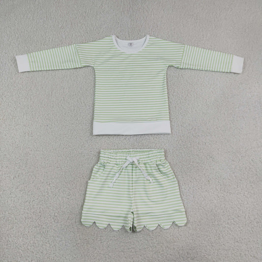 Baby Girls Kids Long Sleeves Green Stripes Shirt Scallop Shorts Set Yoga Active Clothes