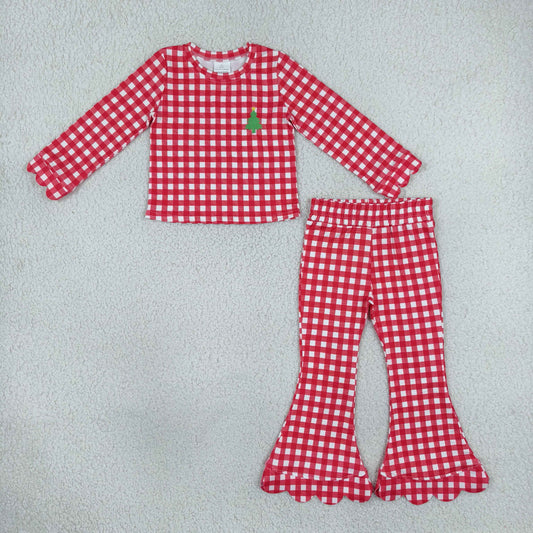 Baby Girls Kids Embroidery Christmas Tree Scallop Tops Red Plaid Pants Set