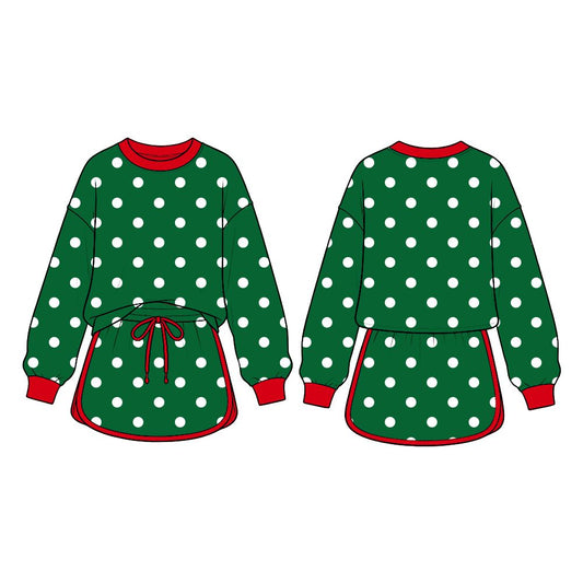 Moq 5 Preorder Baby Girls Kids Long Sleeves Dots Shirt Skirt Shorts Green Set Christmas Clothes