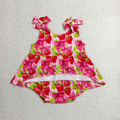Sibling Baby Girls Kids Strawberry Bows Romper Dress Set Summer Clothes