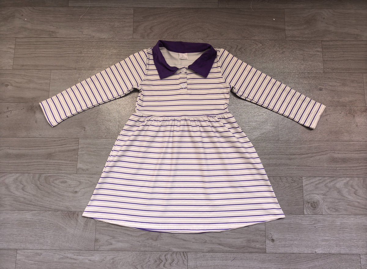 No moq Preorder Baby Girls Long Sleeves Purple Stripes Mardi Gras Knee Length Dress Clothes