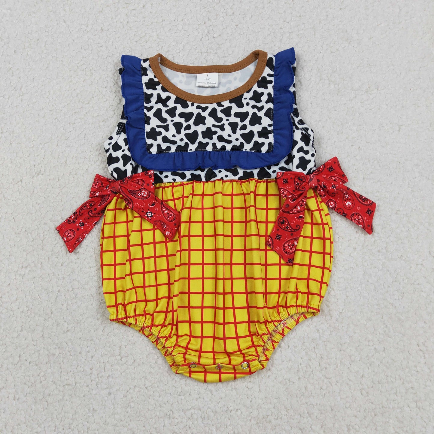 Baby Girls Infant Cow Print Yellow Plaid Bows Ruffle Bubble Romper