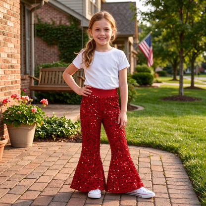 Baby Girls Kids Red Glitter Sequins With Lining Bell Pants RTS