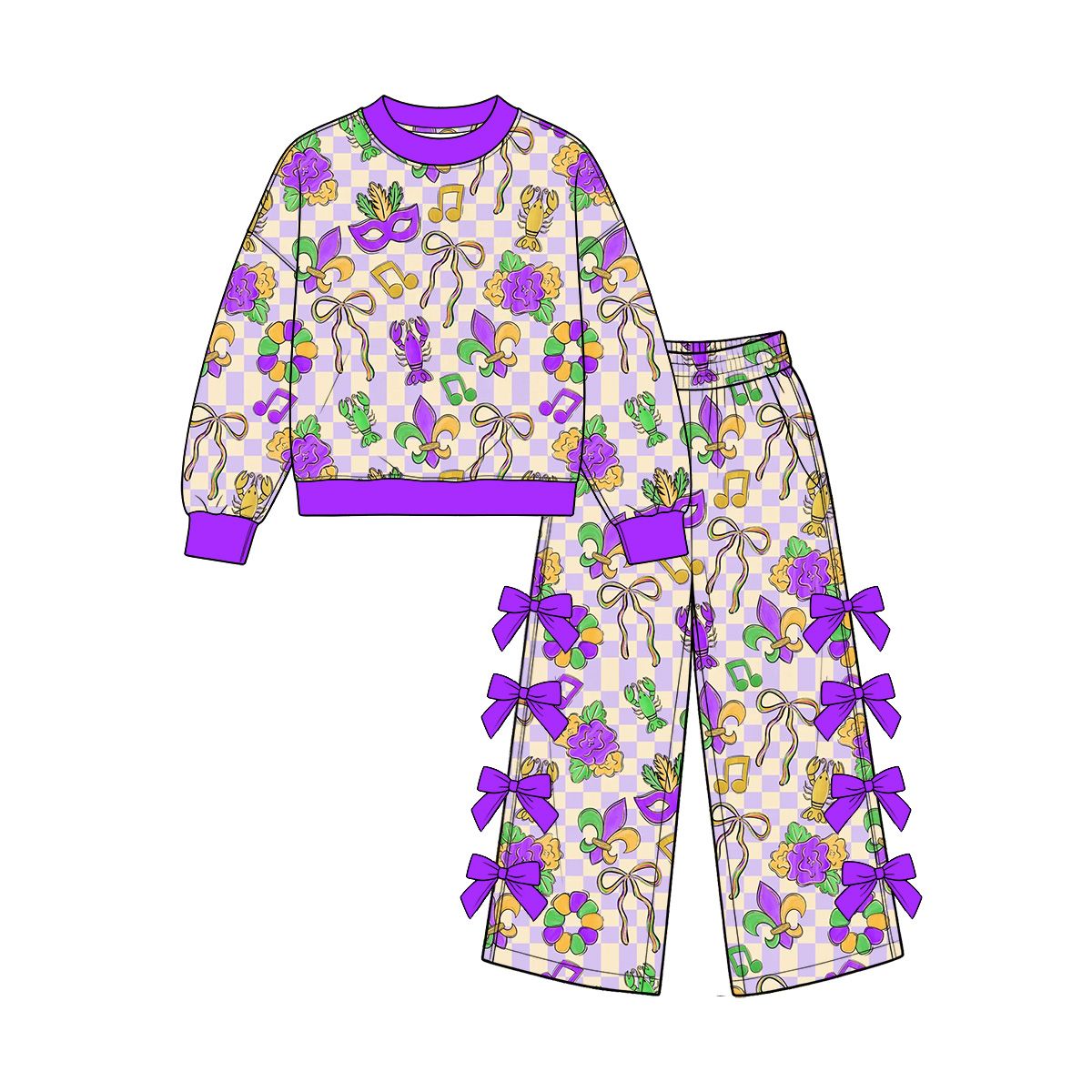 Moq 5 Preorder Baby Girls Kids Long Sleeves Masks Plaid Shirt Bows Pants Set Mardi Gras Clothes