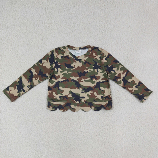 Baby Girls Kids Green Camo Long Sleeves Shirt Scallop Pullover Kids Clothes