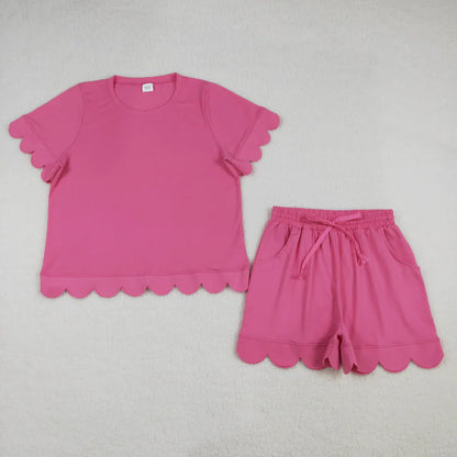 RTS Sibling Baby Girls Adult Women Short Sleeves Pink Cotton Shirts Shorts Scallop Sets Summer Clothes