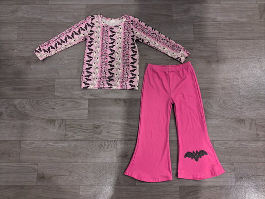 No moq Preorder Baby Girls Kids Long Sleeves Ghosts Bats Shirt Bell Pants Halloween Set Clothes