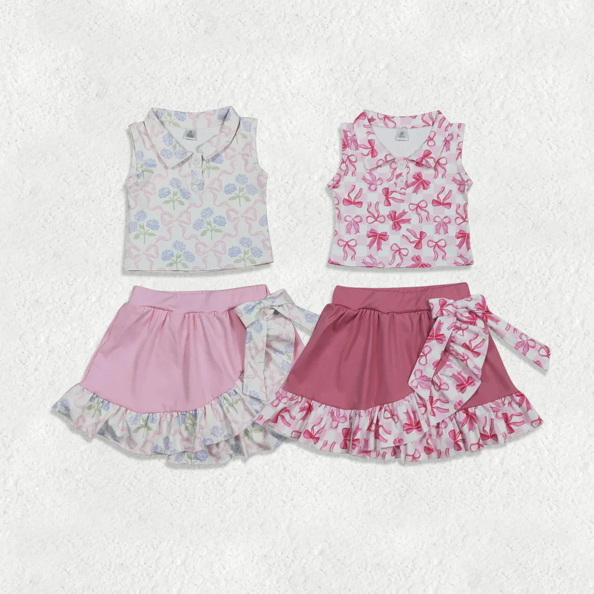 RTS Sibling Baby Girls Bows Flower Buttons Tops Ruffle Pink Skirts Shorts Yoga Active Clothes Sets