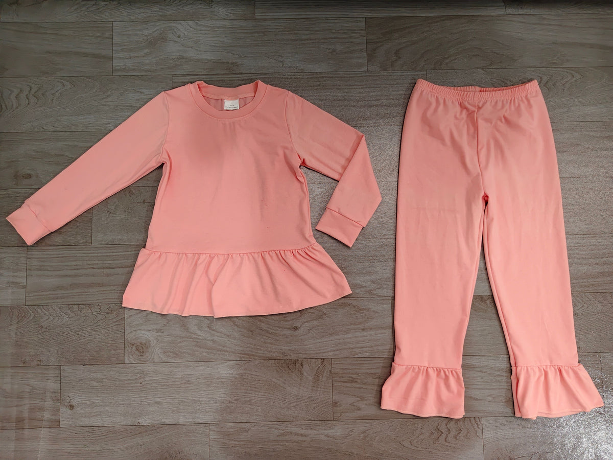 No moq Preorder Baby Girls Kids Long Sleeves Ruffle Tops Pants Pink Set Cotton Clothes