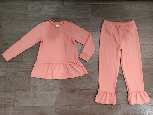 No moq Preorder Baby Girls Kids Long Sleeves Ruffle Tops Pants Pink Set Cotton Clothes