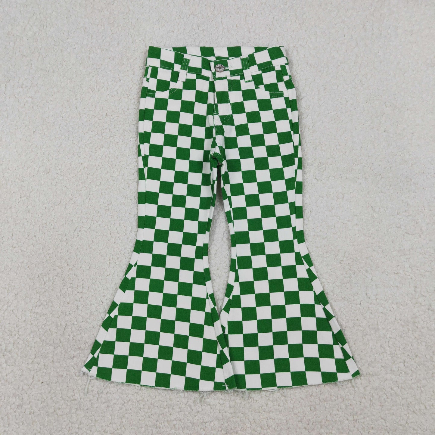 RTS Girls Girls Kids Green Checkered Denim Bell Pants Jeans Bottoms