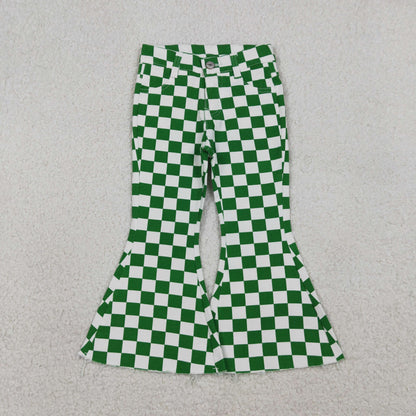 RTS Girls Girls Kids Green Checkered Denim Bell Pants Jeans Bottoms