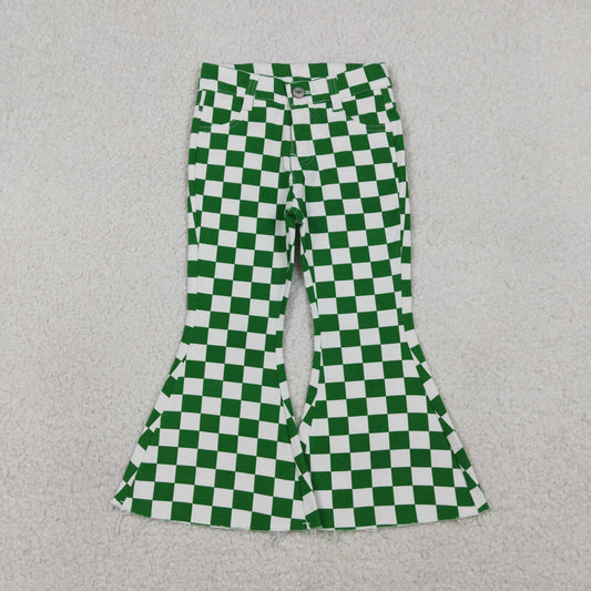 RTS Girls Girls Kids Green Checkered Denim Bell Pants Jeans Bottoms