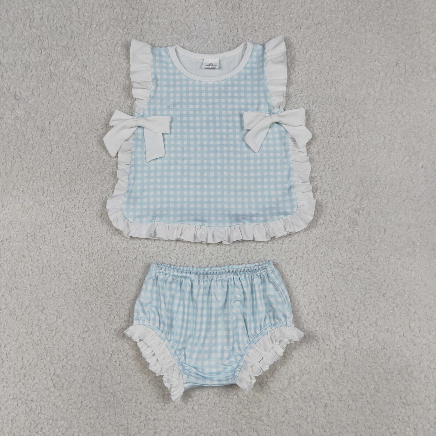 Baby Girl Kids Sleeveless Light Blue Bows Tops Plaid Bummie Shorts Set Clothes