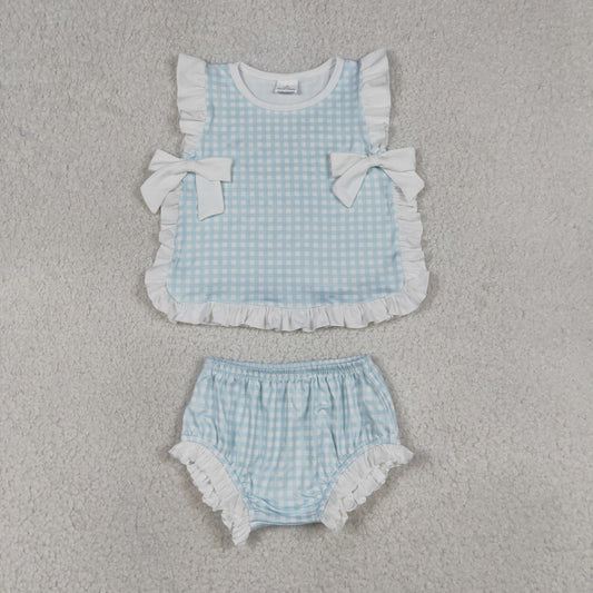Baby Girl Kids Sleeveless Light Blue Bows Tops Plaid Bummie Shorts Set Clothes