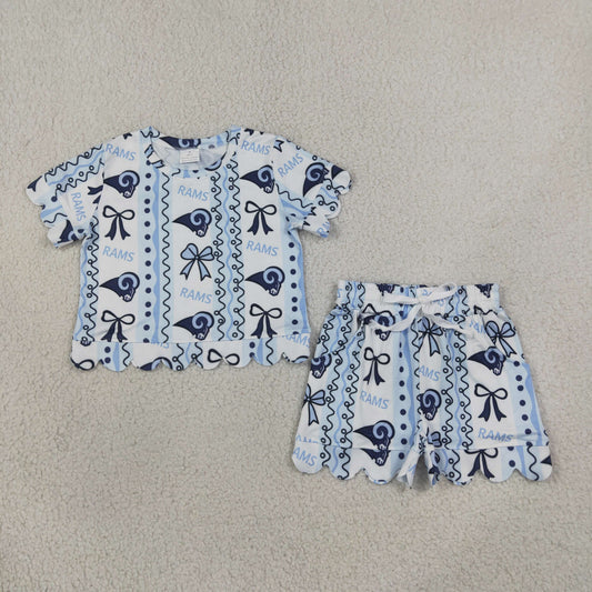 Baby Girls Kids Short Sleeves Blue Bows Shirt Scallop Shorts Set Team Clothes