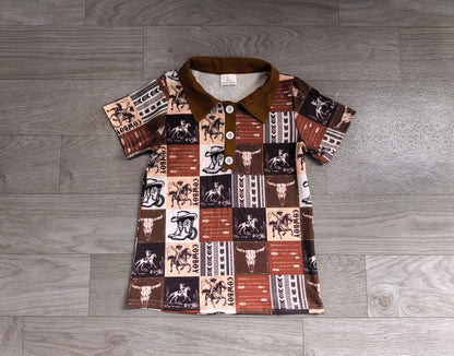 No moq Preorder Baby Boys Short Sleeves Cowboy Boots Western Buttons Pullover Shirt