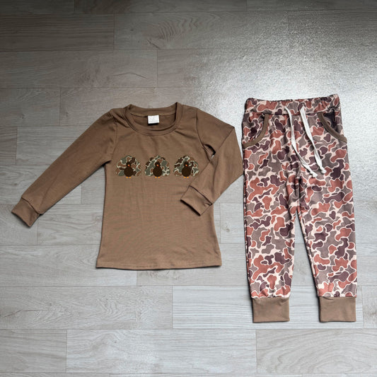 No moq Preorder Baby Boys Kids Embroidery turkey Shirt Pockets Camo Pants Fall Set Clothes