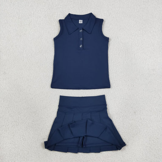 Baby Girl Toddler Sleeveless Buttons Shirt Skort Yoga Active Navy Blue Set