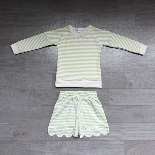 No moq Preorder Baby Girls Kids Long Sleeves Green Stripes Shirt Scallop Shorts Set Yoga Active Clothes