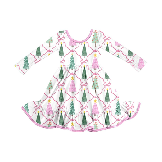 Moq 5 Preorder Baby Girls Kids Long Sleeves Christmas Tree Bows Knee Length Pink Dress