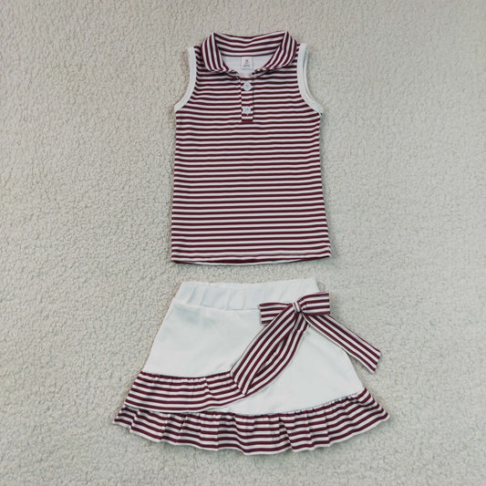 Baby Girls Kids Red Stripes Buttons Shirt Ruffle Skirt Shorts Yoga Active Set Clothes