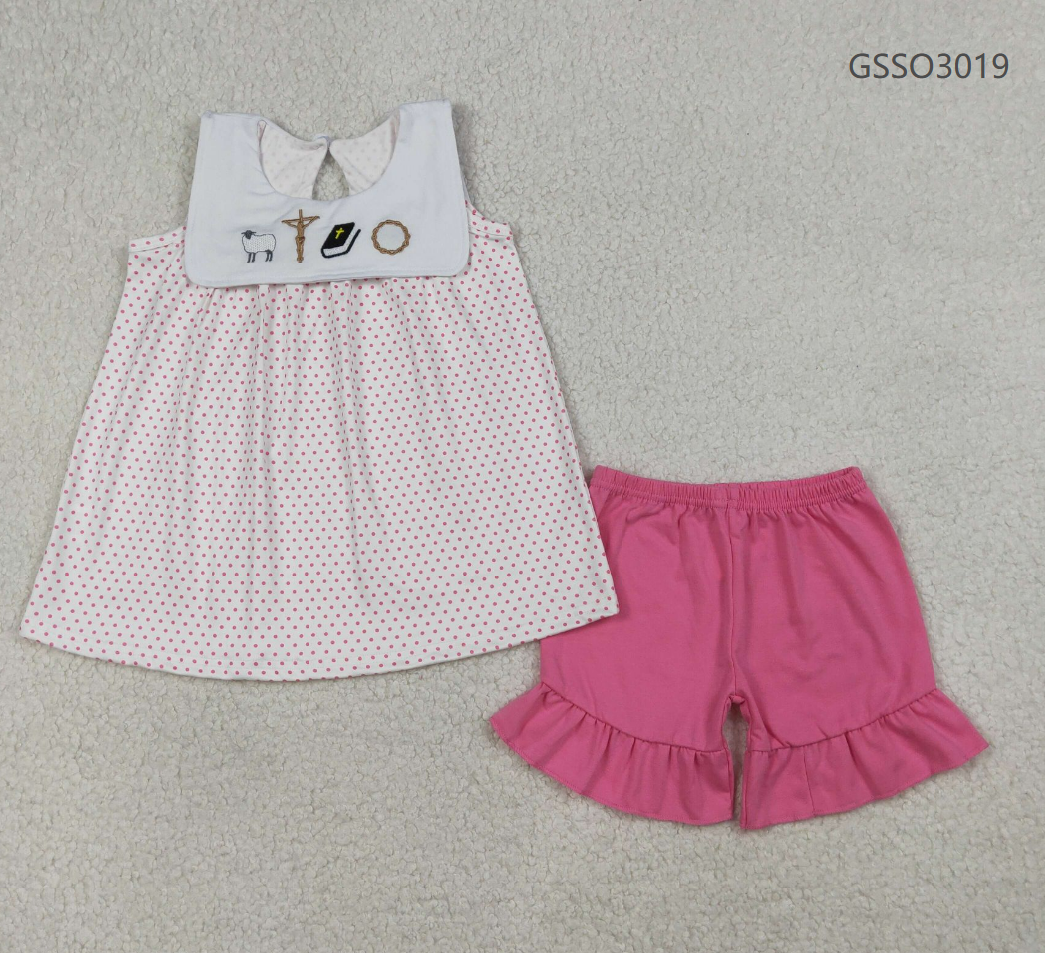 RTS Baby Girls Kids Sleeveless Embroidery Cross Dots Tunic Pink Shorts Easter Set