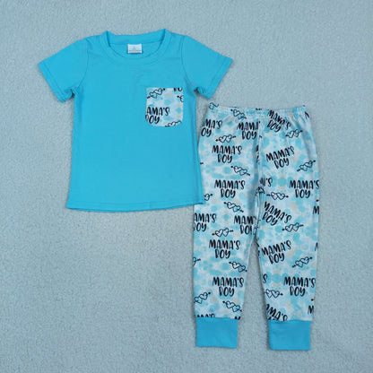 Kids Boys Short Sleeves Blue Shirt Mama's Boy Pants Set