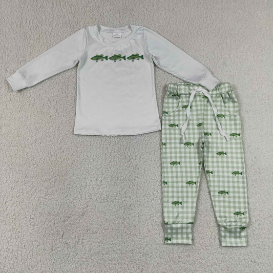 Baby Boys Kids Long Sleeves Fish Shirt Pockets Plaid Pants Set Clothes