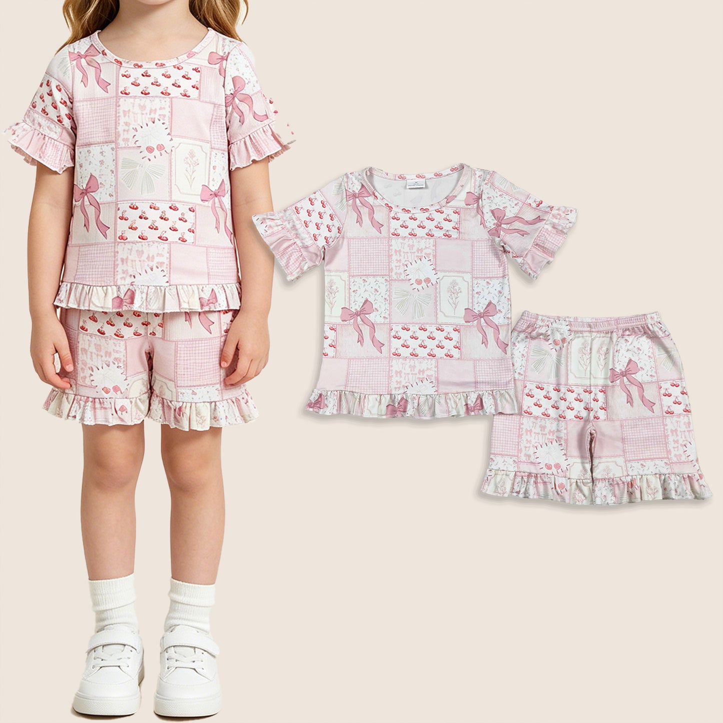Baby Girls Kids Short Sleeves Bows Plaid Shirt Shorts Summer Clothes Set