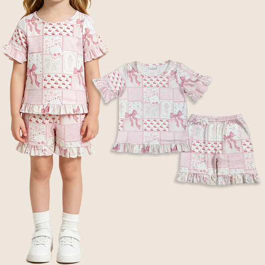 Baby Girls Kids Short Sleeves Bows Plaid Shirt Shorts Summer Clothes Set
