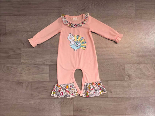 No moq Preorder Baby Girls Infant Embroidery turkey Flower Thanksgiving Romper Pink Clothes