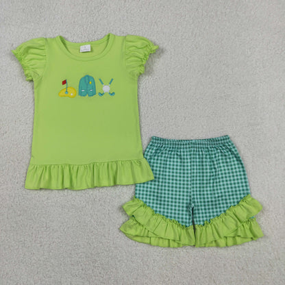 Baby Girls Kids Short Sleeves Embroidery Golf Shirt Green Checked Ruffle Shorts Clothes Set