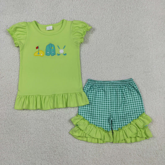 Baby Girls Kids Short Sleeves Embroidery Golf Shirt Green Checked Ruffle Shorts Clothes Set