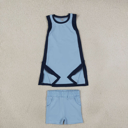 Baby Girls Kids Sleeveless Tops Blue Pockets Shorts Set Yoga Active Clothes