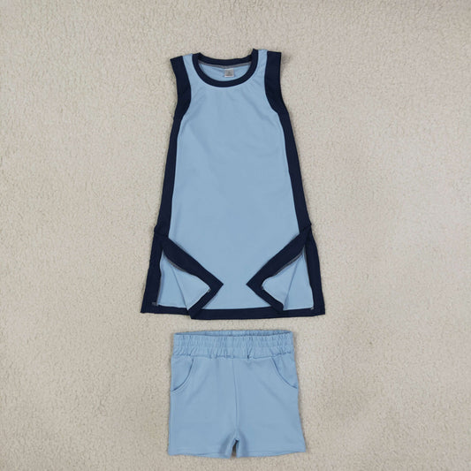 Baby Girls Kids Sleeveless Tops Blue Pockets Shorts Set Yoga Active Clothes